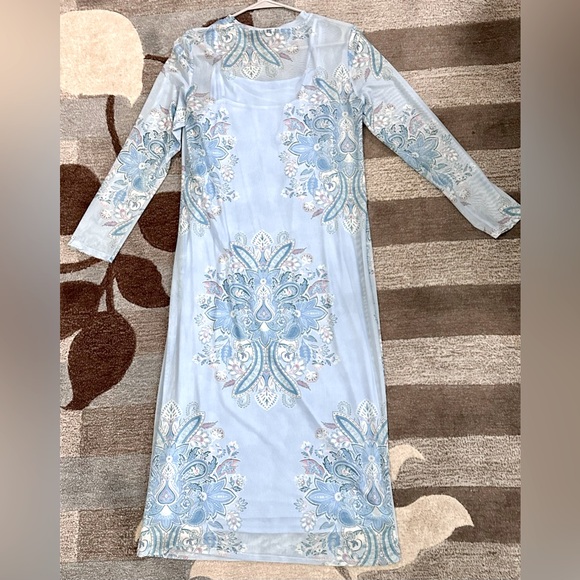 Gianni Bini Floral Mesh Printed Long Sleeve Midi Dress w Tonal Slip - Picture 3 of 8